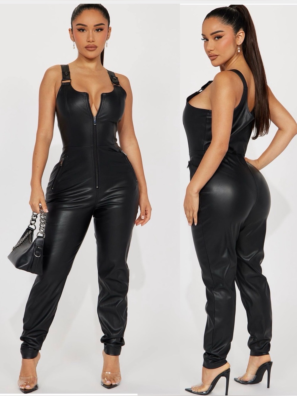 Fashion Nova Faux Leather Black Jumpsuit - Sleek Zipper Front